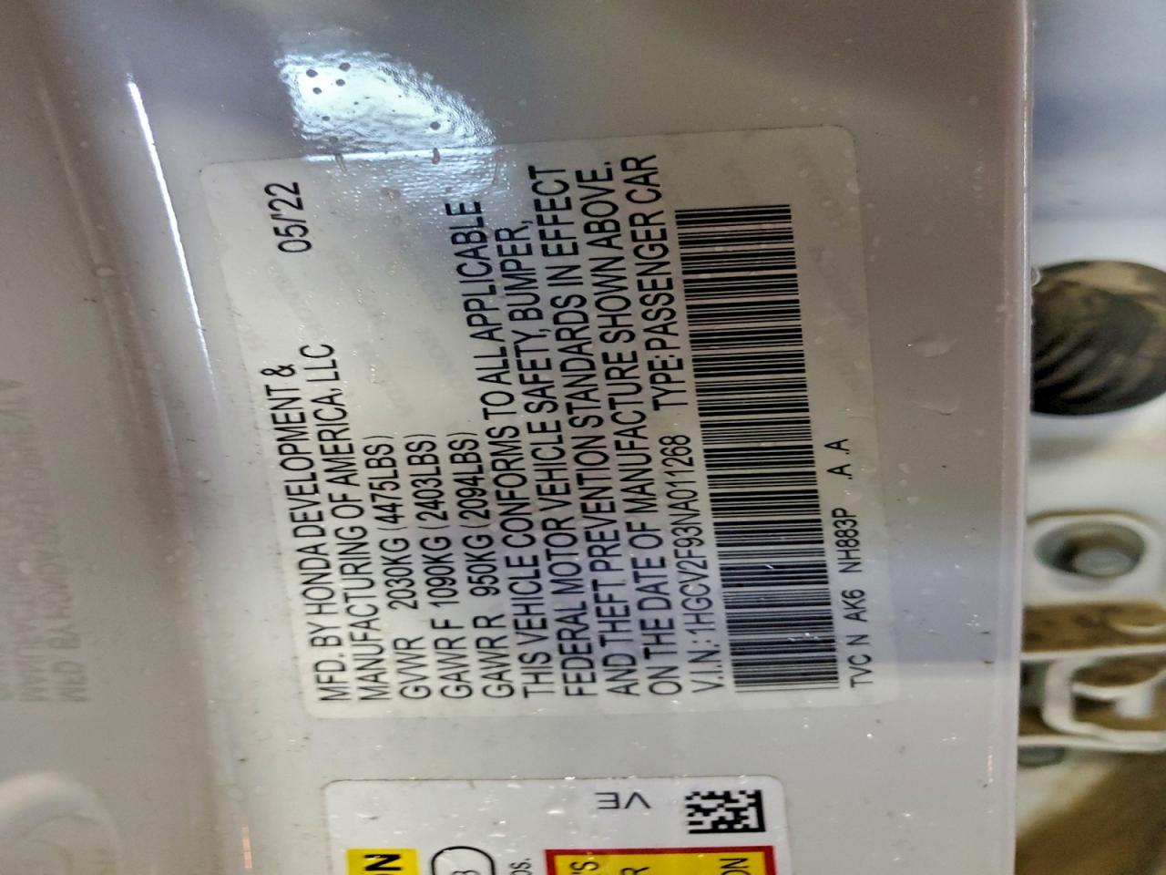 2022 Honda Accord Touring VIN: 1HGCV2F93NA011268 Lot: 94108585