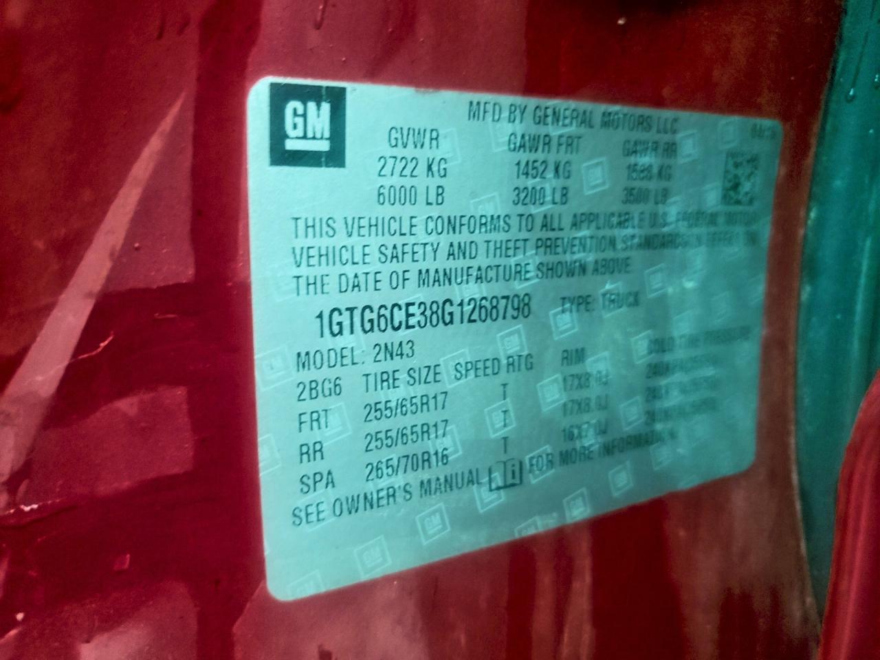 2016 GMC Canyon Sle VIN: 1GTG6CE38G1268798 Lot: 94024095