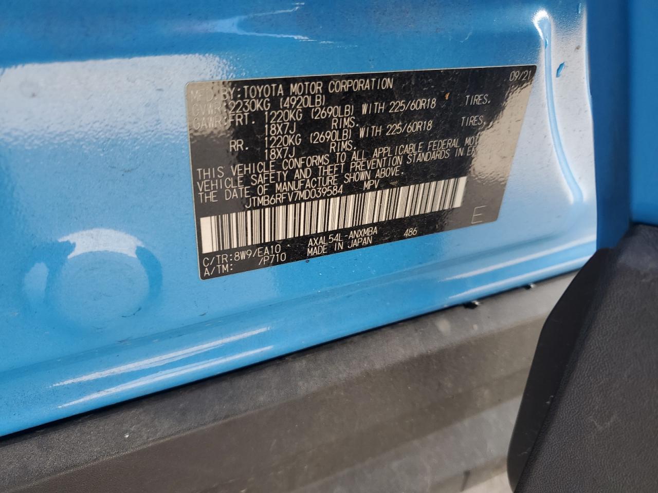 2021 Toyota Rav4 Xle Premium VIN: JTMB6RFV7MD039584 Lot: 90881315