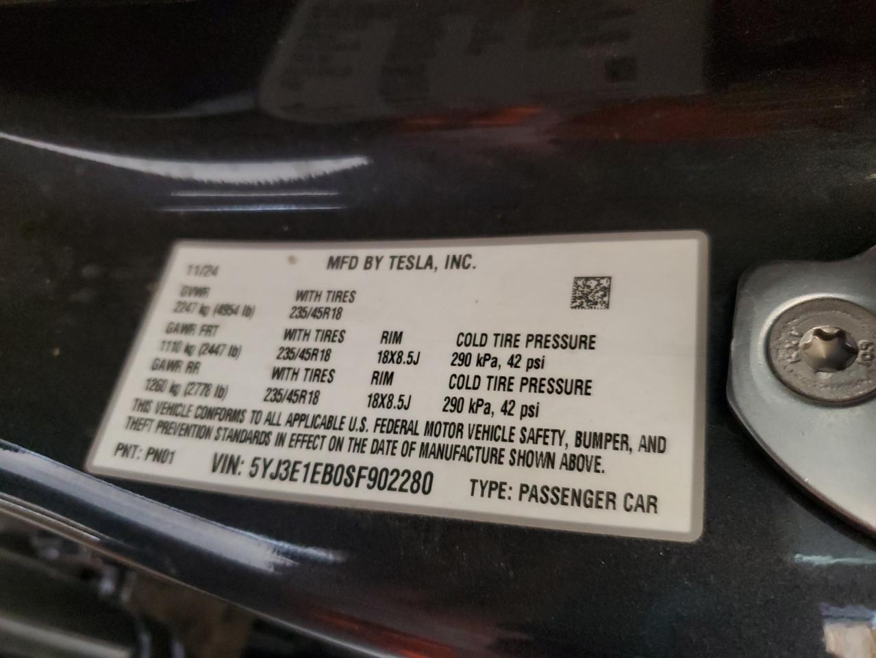 2025 Tesla Model 3 VIN: 5YJ3E1EB0SF902280 Lot: 92741225