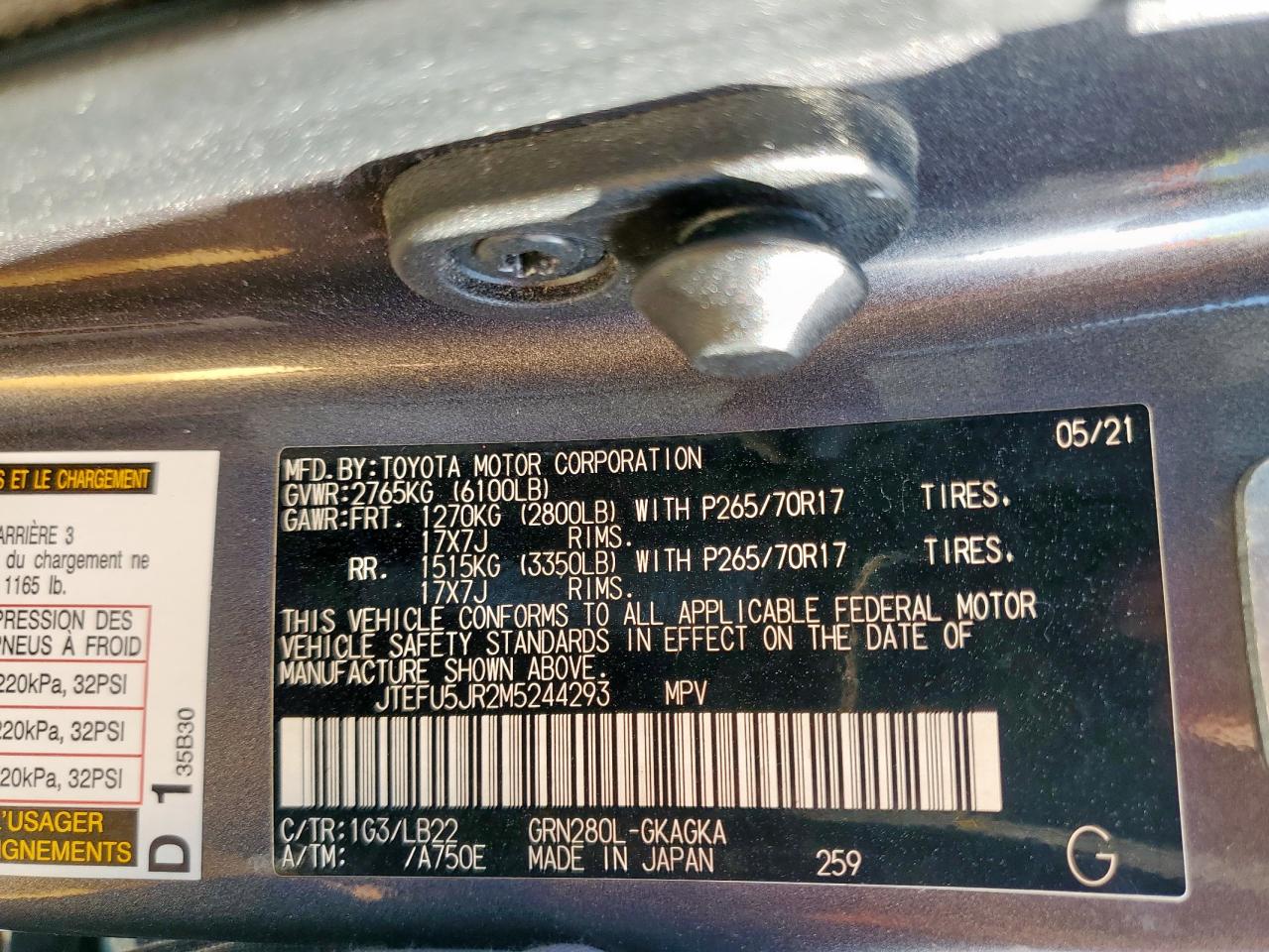 2021 Toyota 4Runner Sr5 VIN: JTEFU5JR2M5244293 Lot: 91145985