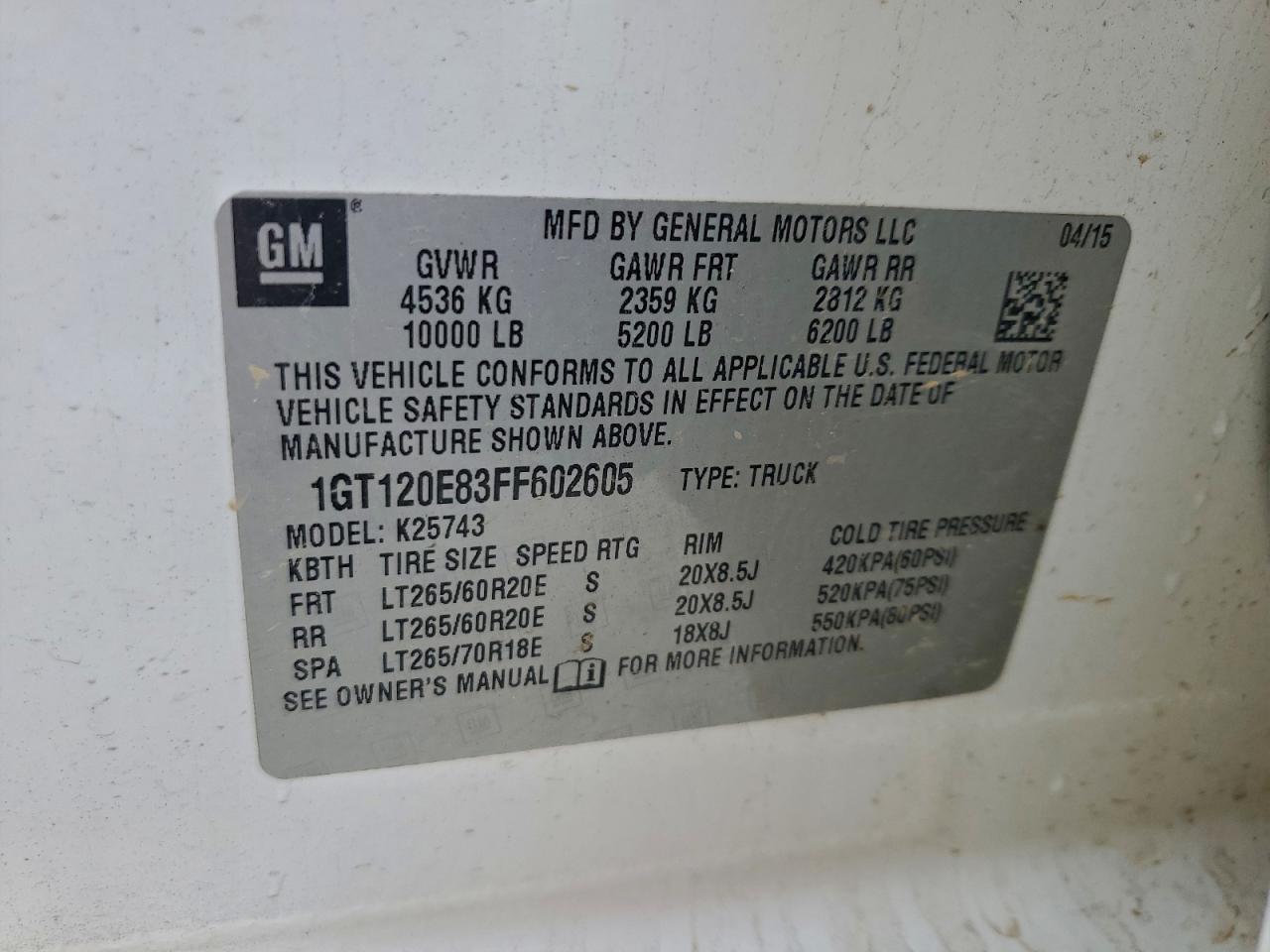 2015 GMC Sierra K2500 Denali VIN: 1GT120E83FF602605 Lot: 93741525