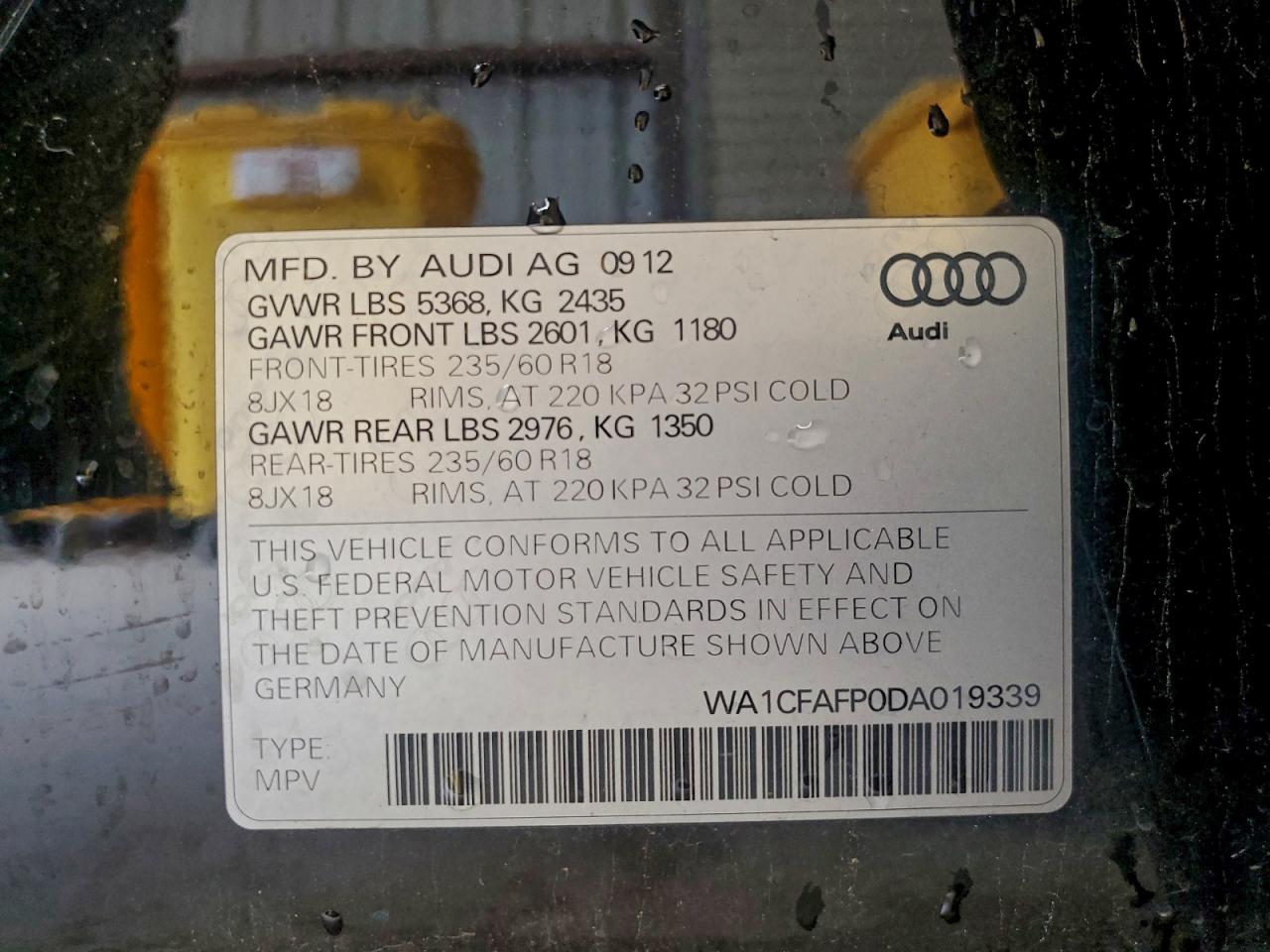 2013 Audi Q5 Premium VIN: WA1CFAFP0DA019339 Lot: 93819725