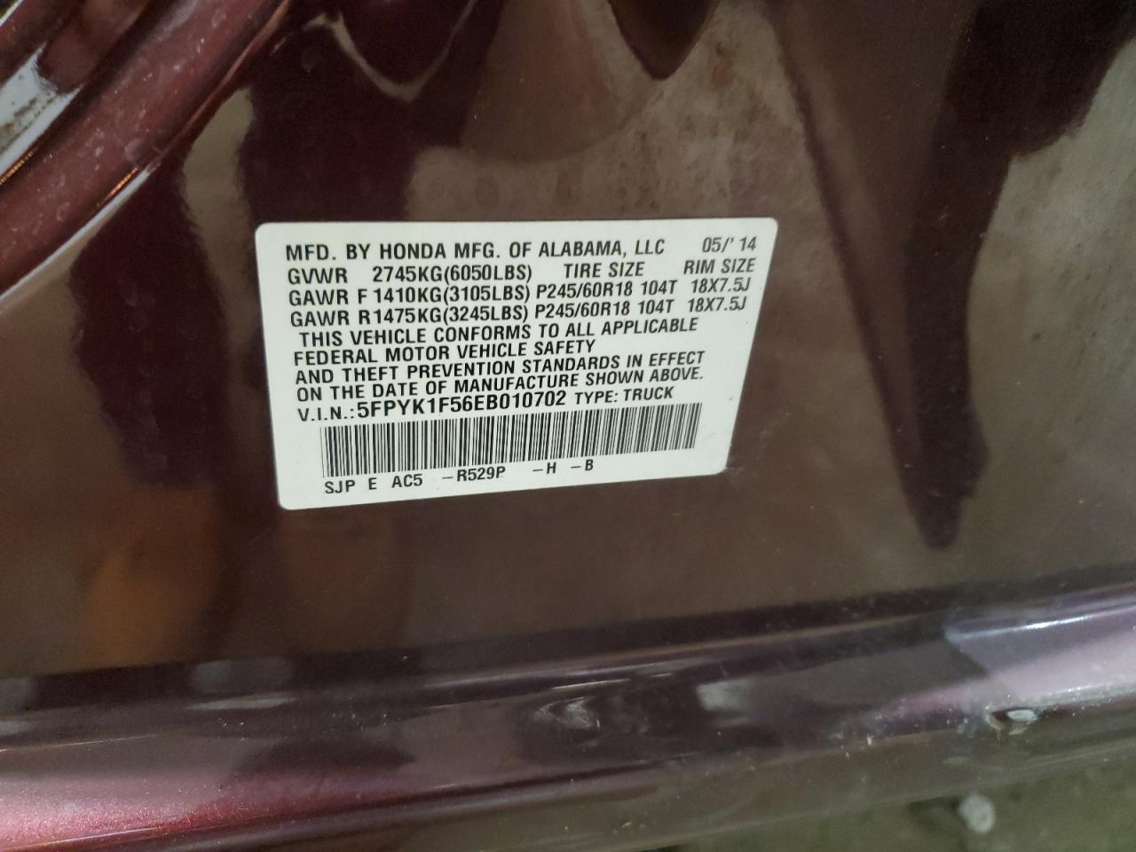 2014 Honda Ridgeline Rtl VIN: 5FPYK1F56EB010702 Lot: 93367265