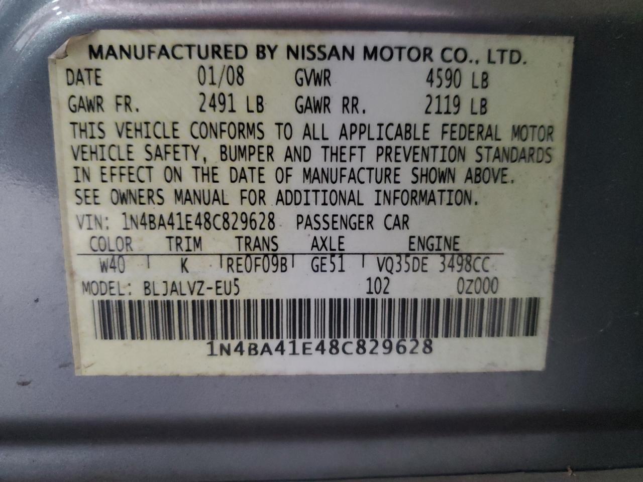 2008 Nissan Maxima Se VIN: 1N4BA41E48C829628 Lot: 91970105