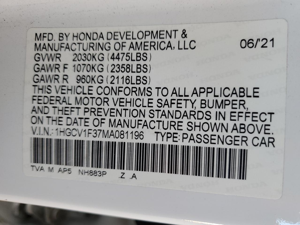 2021 Honda Accord Sport VIN: 1HGCV1F37MA081196 Lot: 93378025