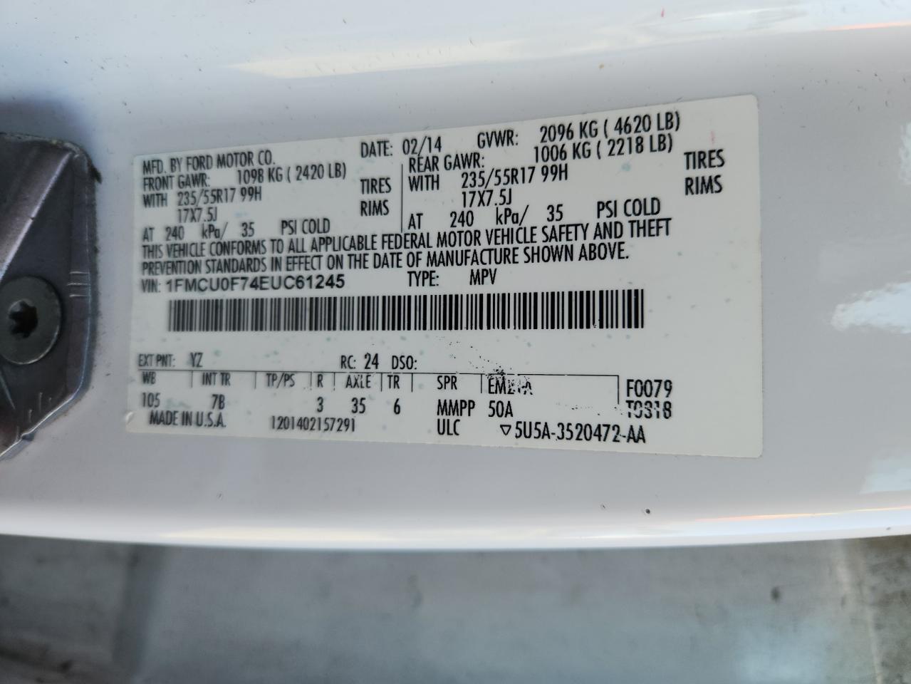 2014 Ford Escape S VIN: 1FMCU0F74EUC61245 Lot: 93611745