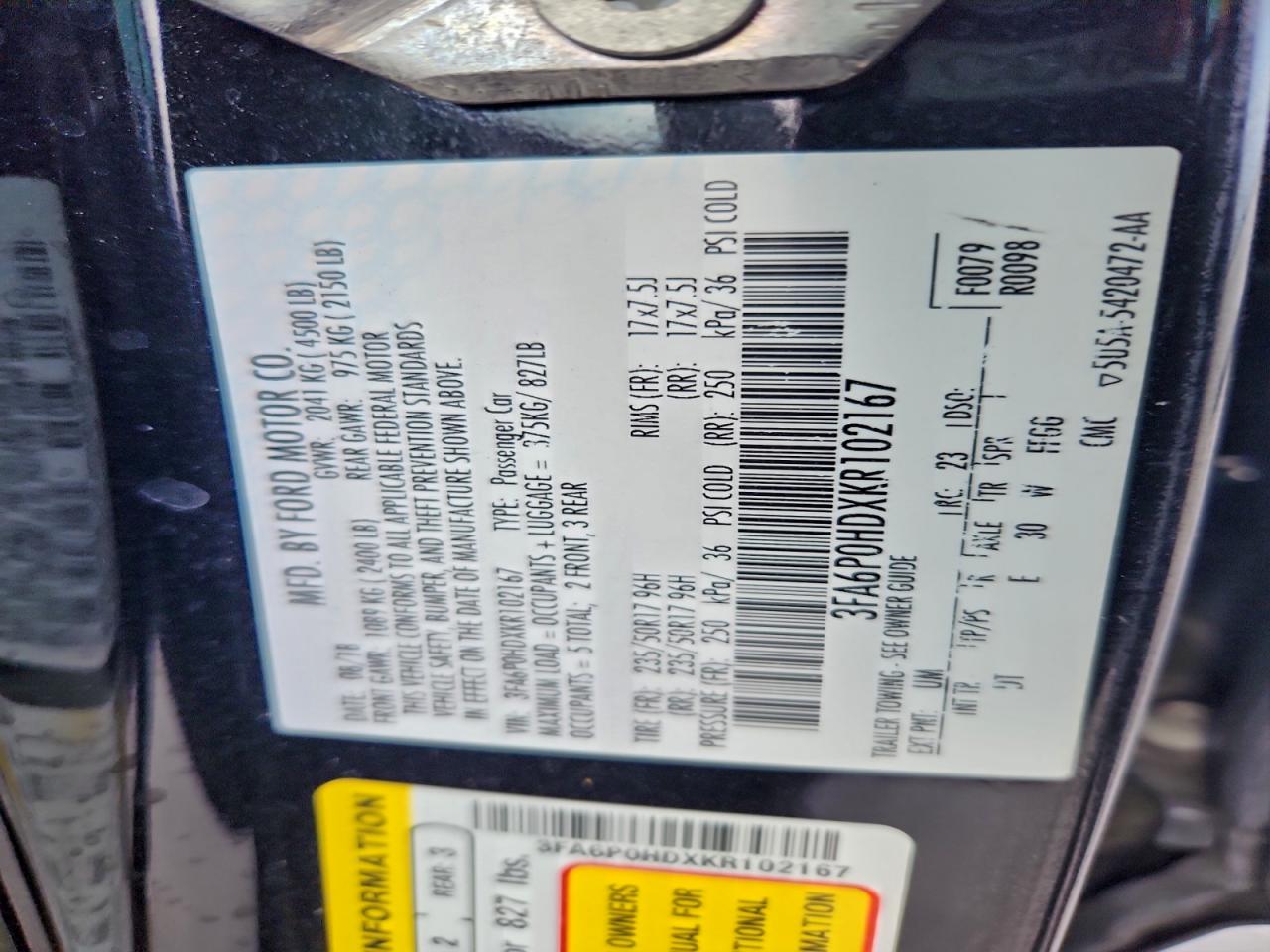 2019 Ford Fusion Se VIN: 3FA6P0HDXKR102167 Lot: 93771435