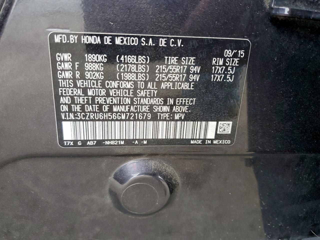 2016 Honda Hr-V Ex VIN: 3CZRU6H56GM721679 Lot: 92496325