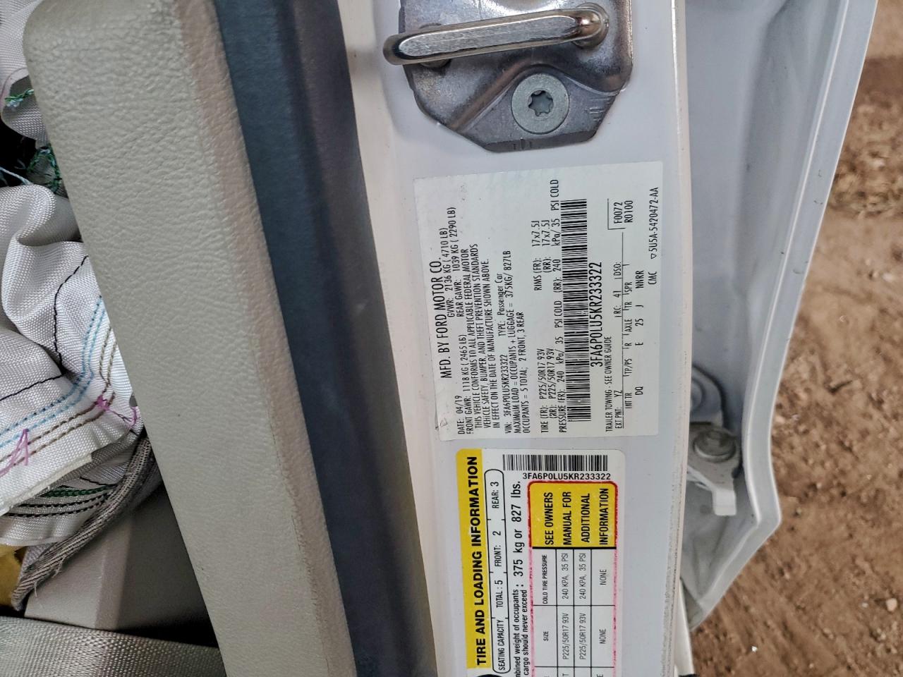 2019 Ford Fusion Se VIN: 3FA6P0LU5KR233322 Lot: 94945325