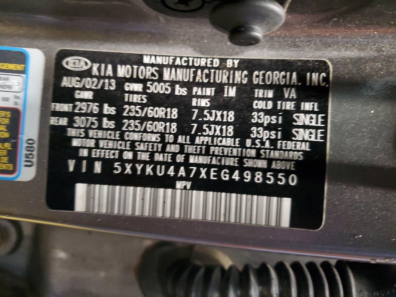 2014 Kia Sorento Ex VIN: 5XYKU4A7XEG498550 Lot: 92492635