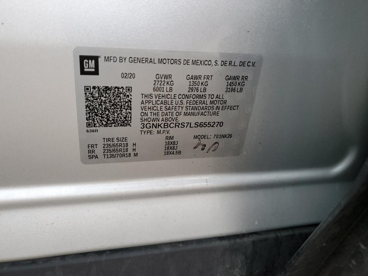 2020 Chevrolet Blazer 2Lt VIN: 3GNKBCRS7LS655270 Lot: 93769485