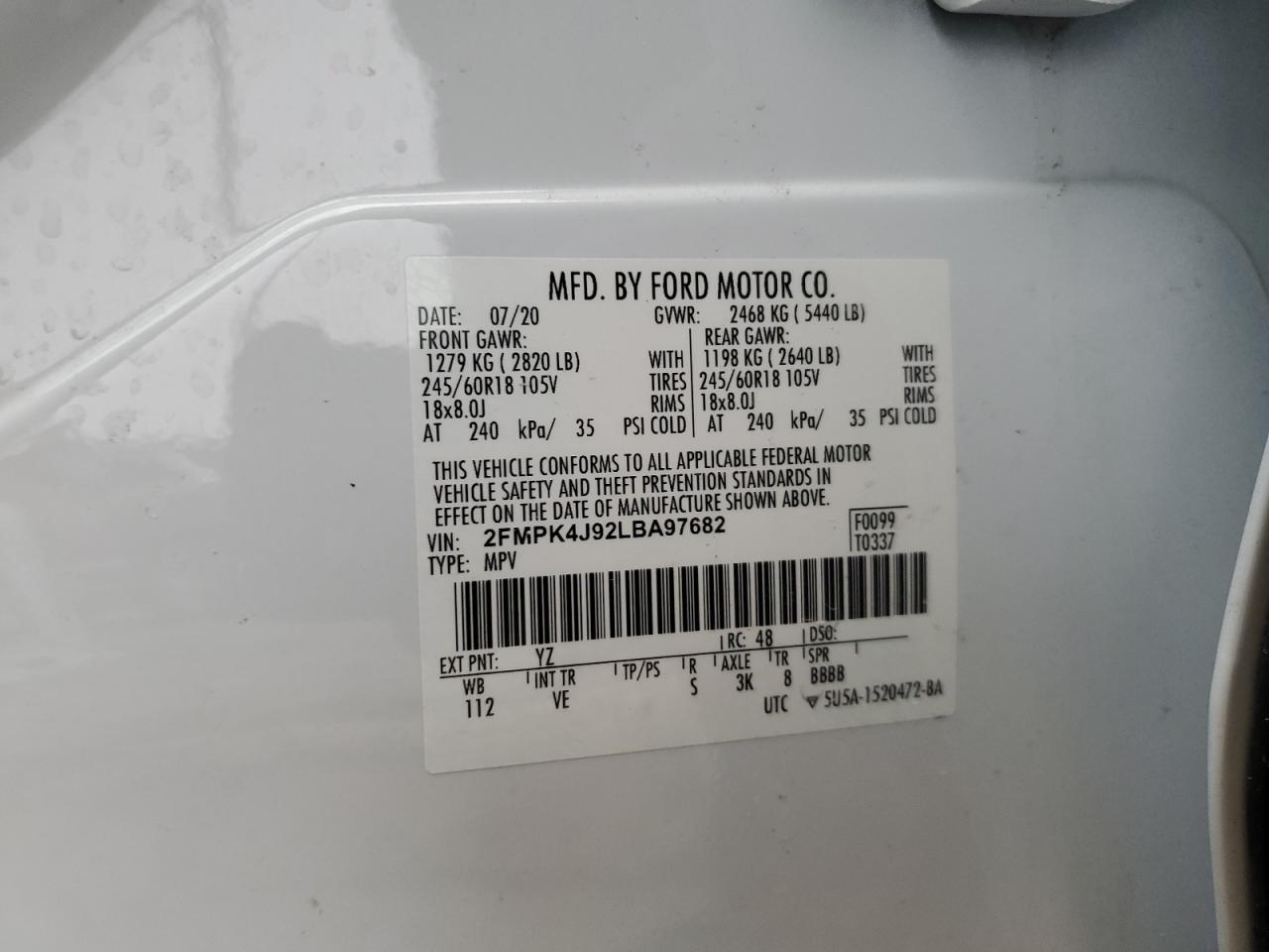 2020 Ford Edge Sel VIN: 2FMPK4J92LBA97682 Lot: 93240935