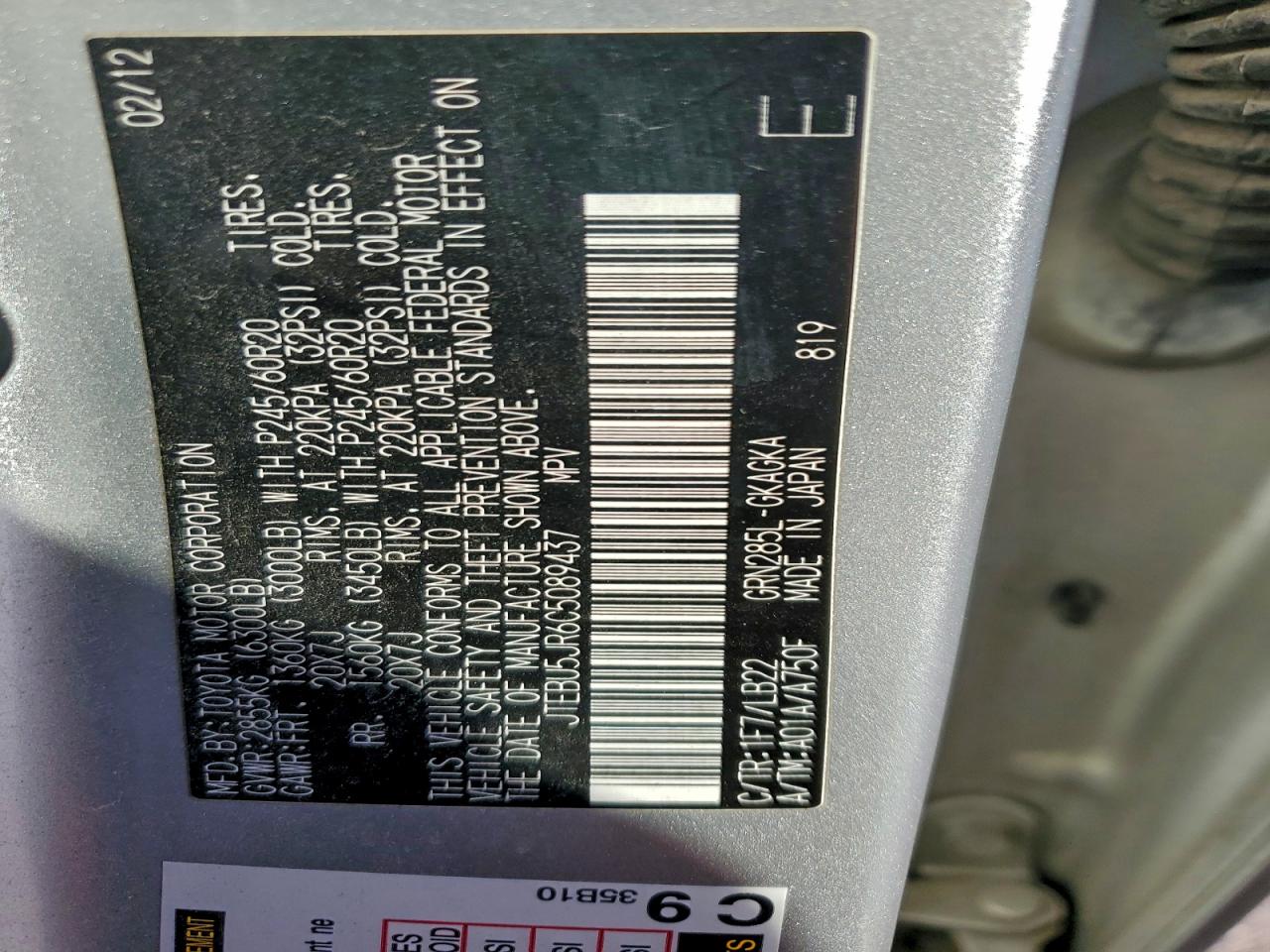 2012 Toyota 4Runner Sr5 VIN: JTEBU5JR6C5089437 Lot: 93536595