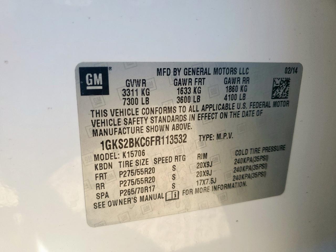 2015 GMC Yukon Slt VIN: 1GKS2BKC6FR113532 Lot: 92448955