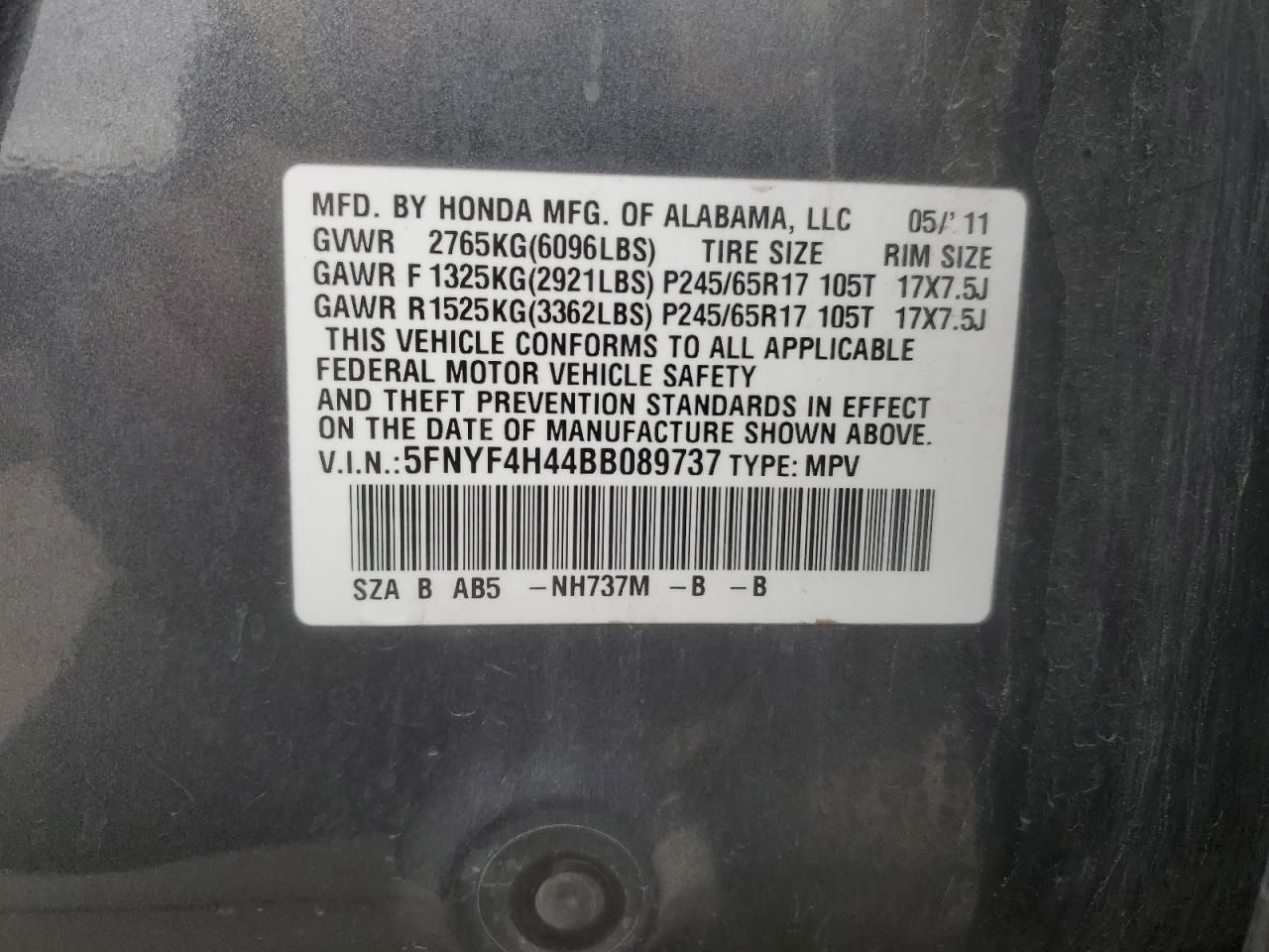 2011 Honda Pilot Ex VIN: 5FNYF4H44BB089737 Lot: 92196275