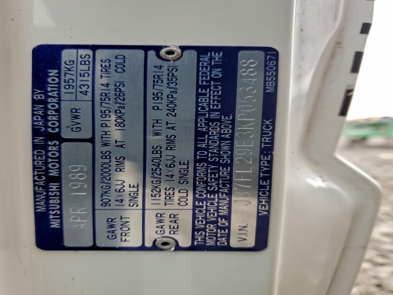 1989 Dodge Ram 50 VIN: JB7FL29E3KP053488 Lot: 93670175