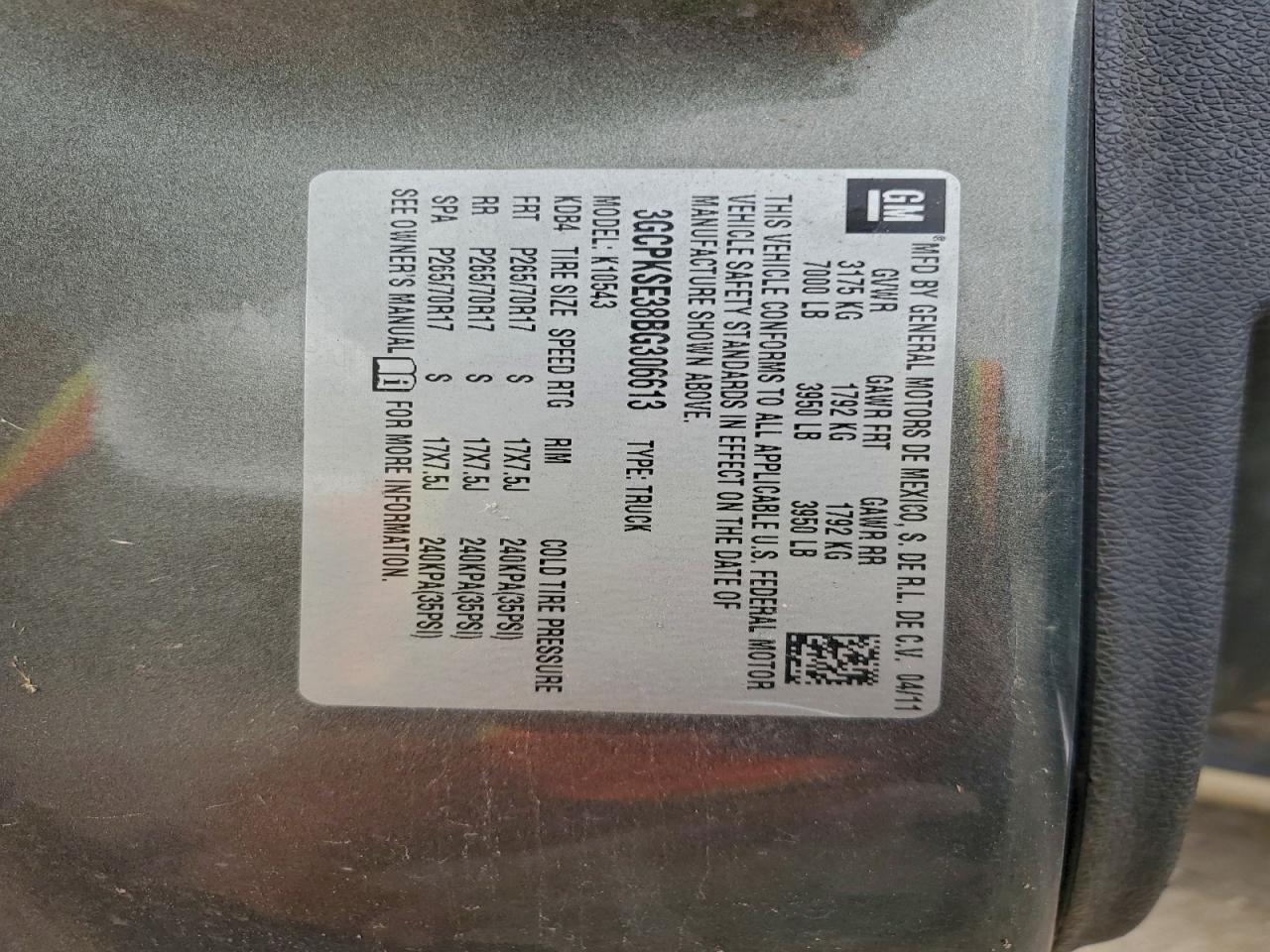 2011 Chevrolet Silverado K1500 Lt VIN: 3GCPKSE38BG306613 Lot: 94283355