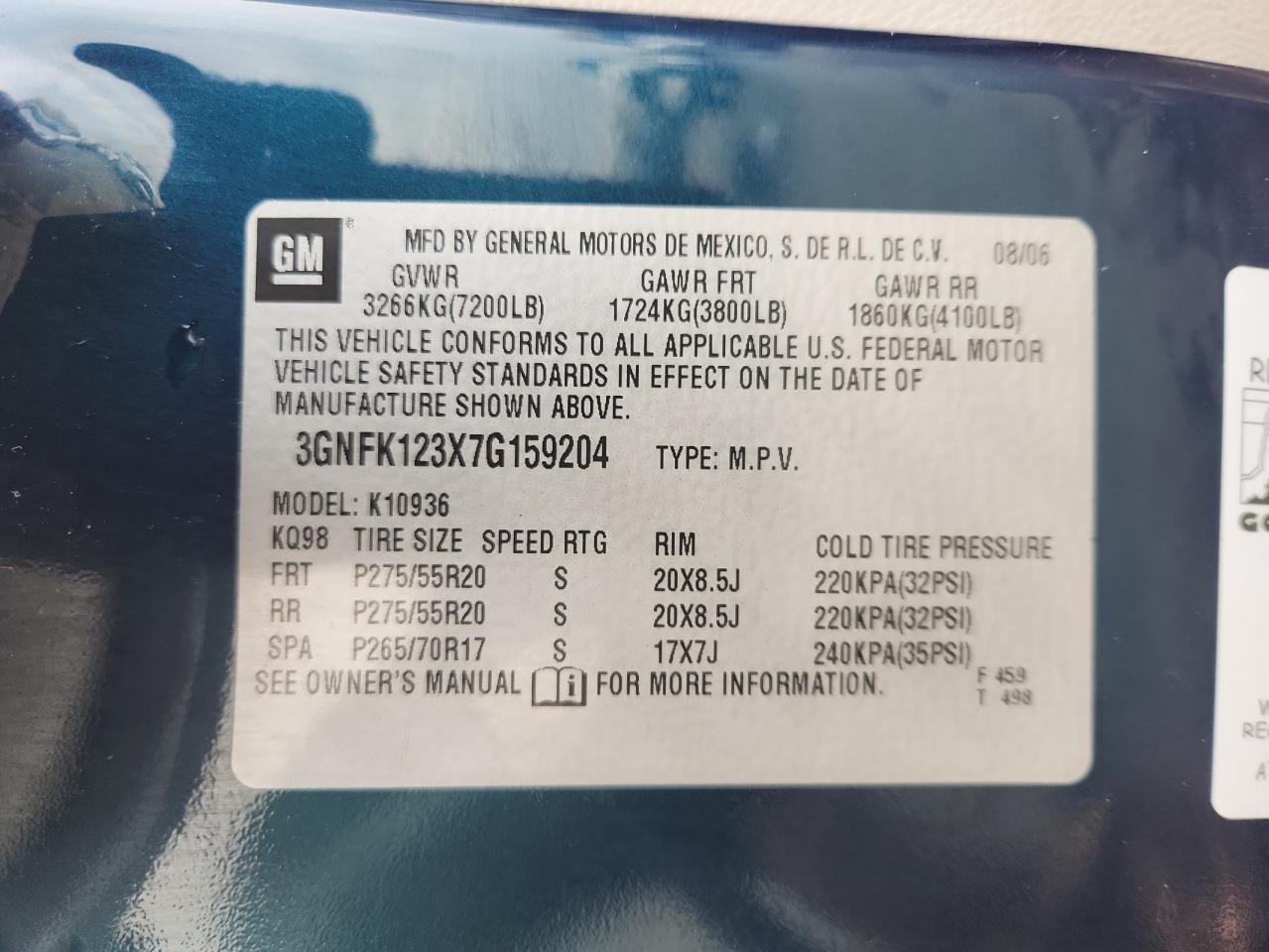 2007 Chevrolet Avalanche K1500 VIN: 3GNFK123X7G159204 Lot: 93510395