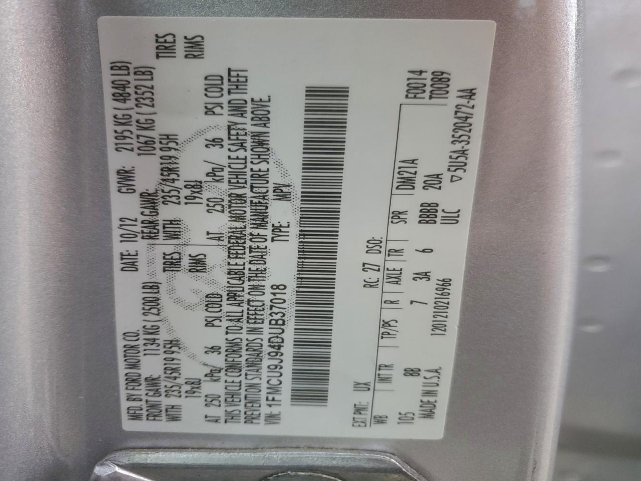 2013 Ford Escape Titanium VIN: 1FMCU9J94DUB37018 Lot: 94126755