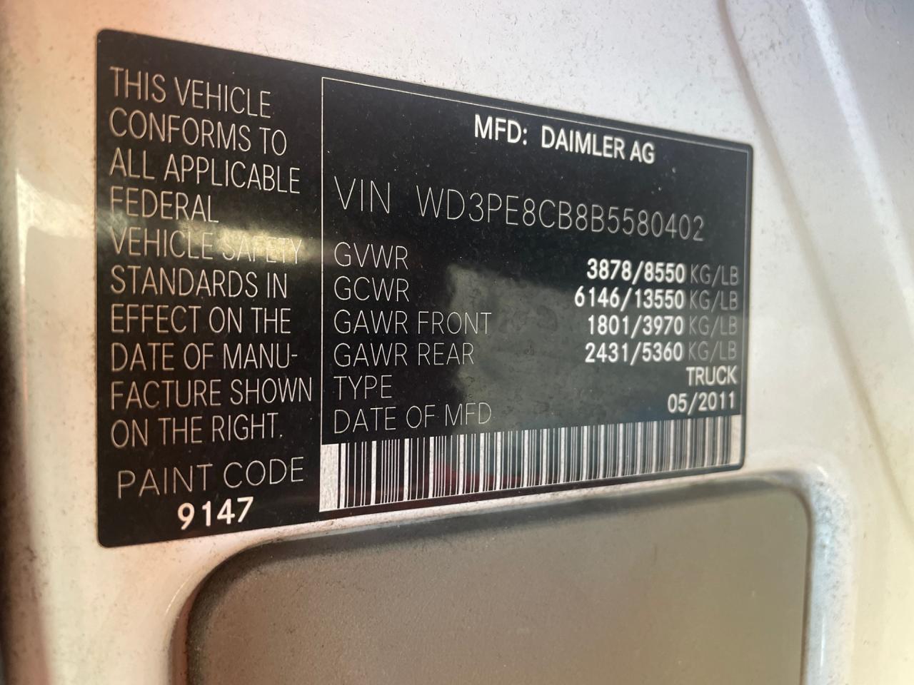 2011 Mercedes Benz Sprinter Delivery Van VIN: WD3PE8CB8B5580402 Lot: 92166215