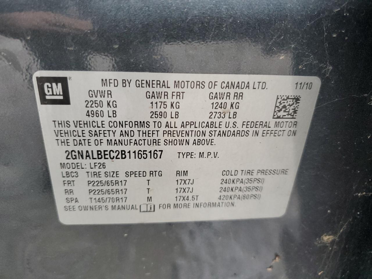 2011 Chevrolet Equinox Ls VIN: 2GNALBEC2B1165167 Lot: 92116135