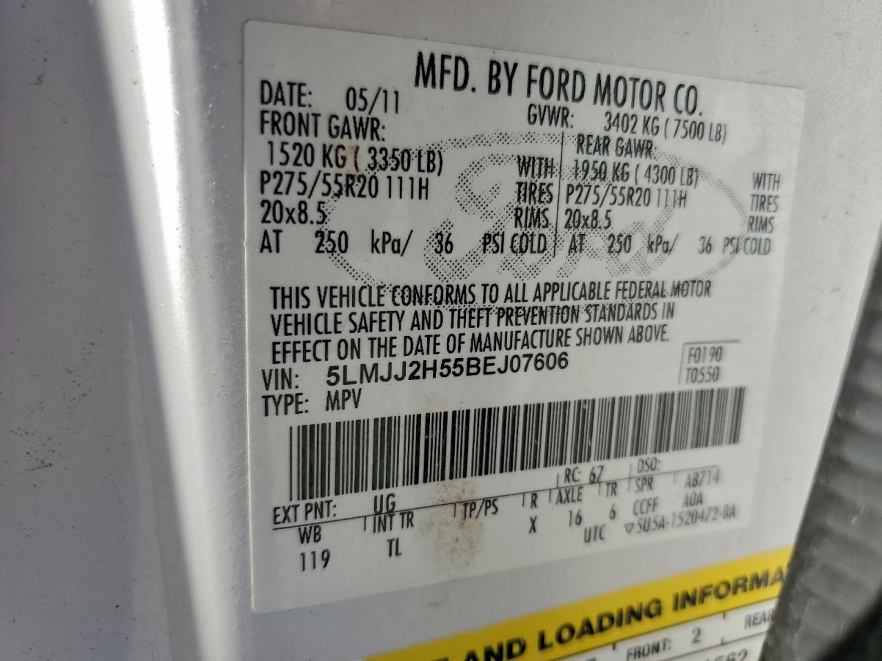 2011 Lincoln Navigator VIN: 5LMJJ2H55BEJ07606 Lot: 91145875