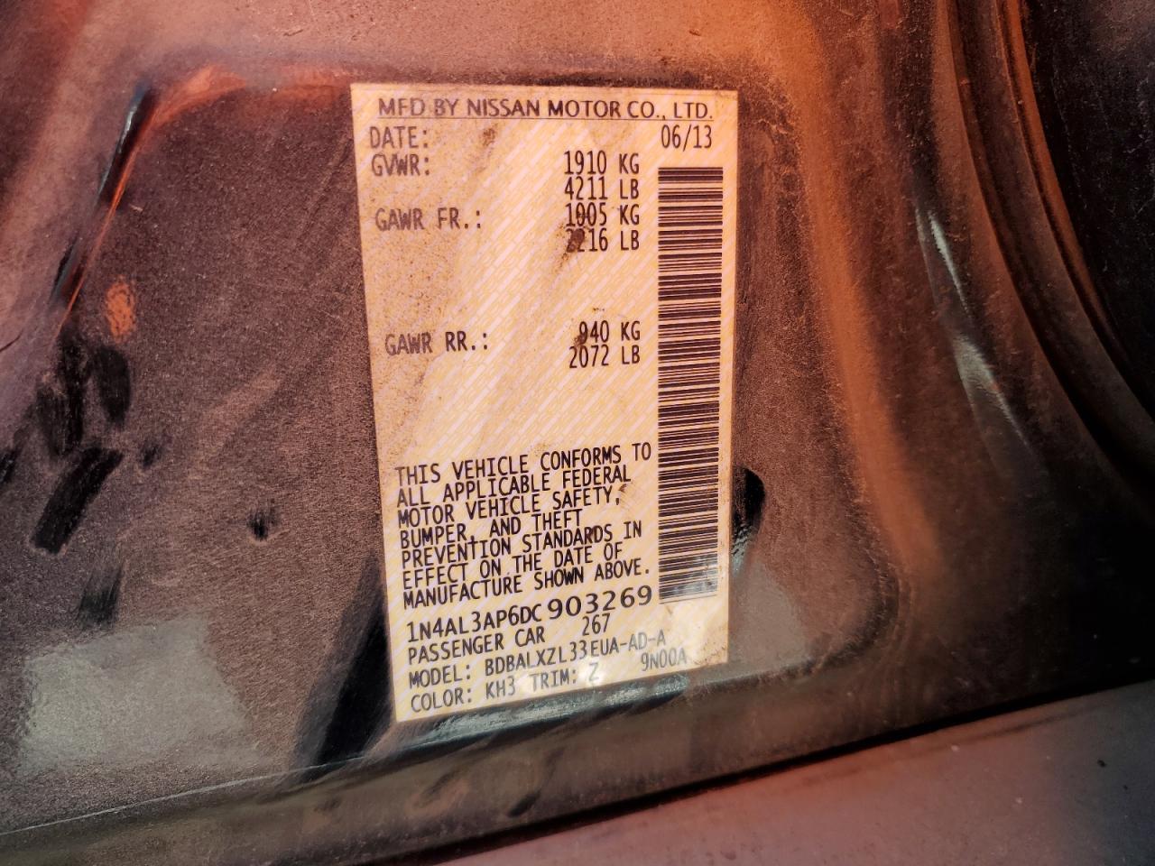 2013 Nissan Altima 2.5 Sl VIN: 1N4AL3AP6DC903269 Lot: 43920598