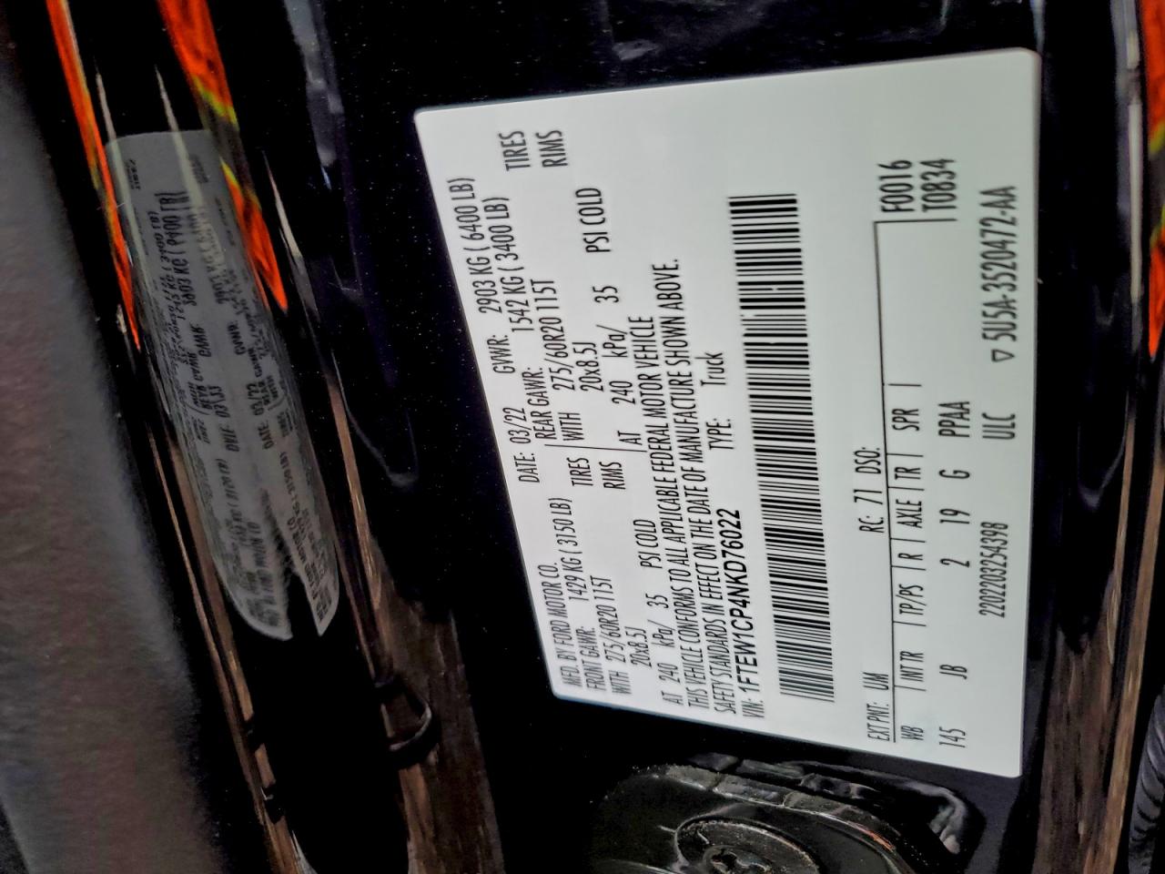 2022 Ford F150 Supercrew VIN: 1FTEW1CP4NKD76022 Lot: 92070115