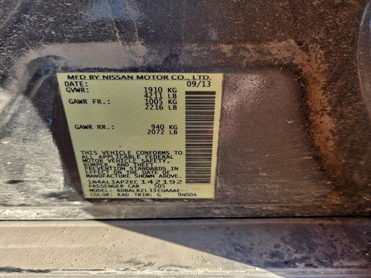 2014 Nissan Altima 2.5 VIN: 1N4AL3AP2EC142192 Lot: 94386015