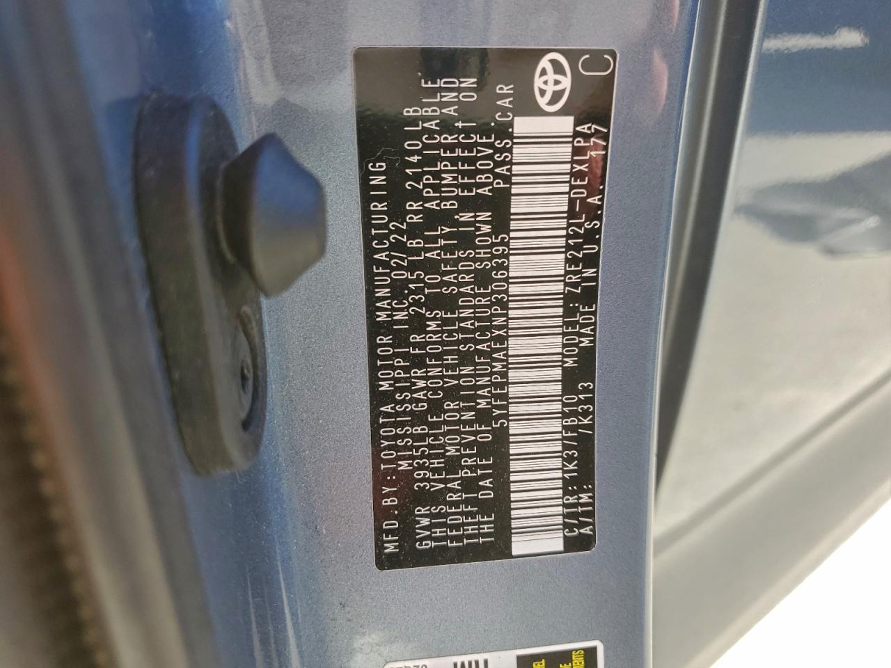 2022 Toyota Corolla Le VIN: 5YFEPMAEXNP306395 Lot: 92370465