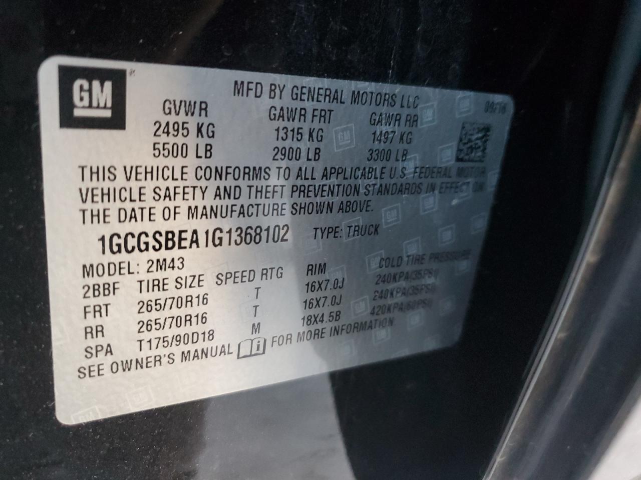 2016 Chevrolet Colorado VIN: 1GCGSBEA1G1368102 Lot: 92913965