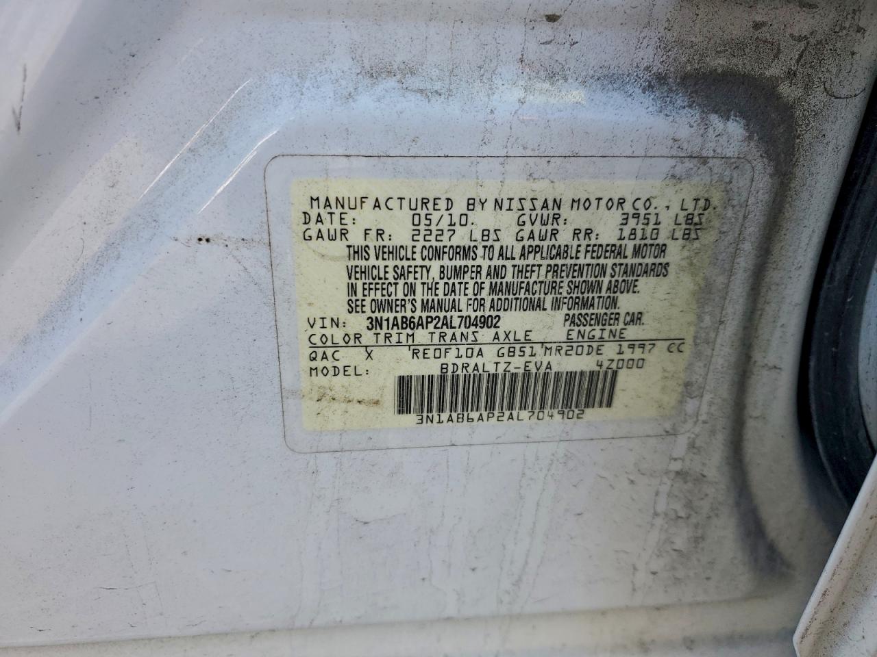 2010 Nissan Sentra 2.0 VIN: 3N1AB6AP2AL704902 Lot: 93252235