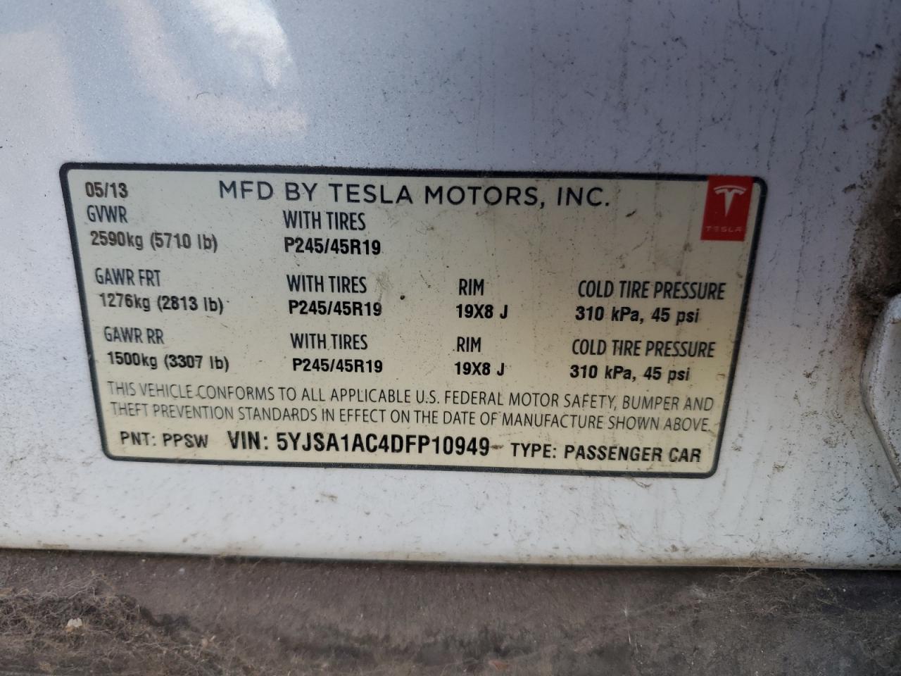 2013 Tesla Model S VIN: 5YJSA1AC4DFP10949 Lot: 91695495