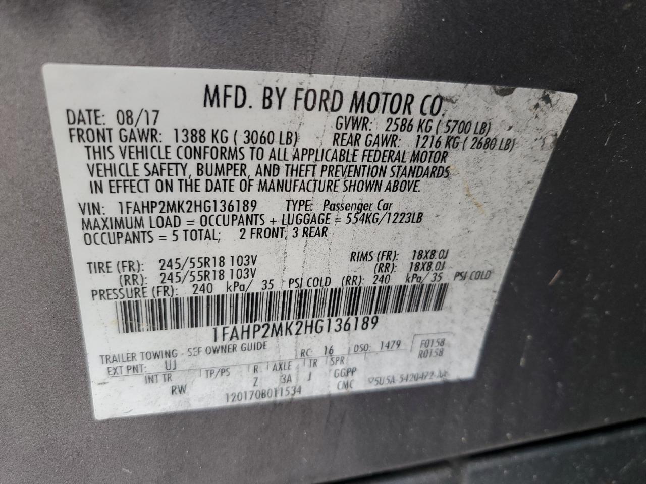 2017 Ford Taurus Police Interceptor VIN: 1FAHP2MK2HG136189 Lot: 91160785