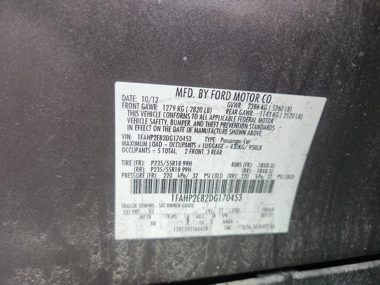 2013 Ford Taurus Sel VIN: 1FAHP2E82DG170453 Lot: 90051165