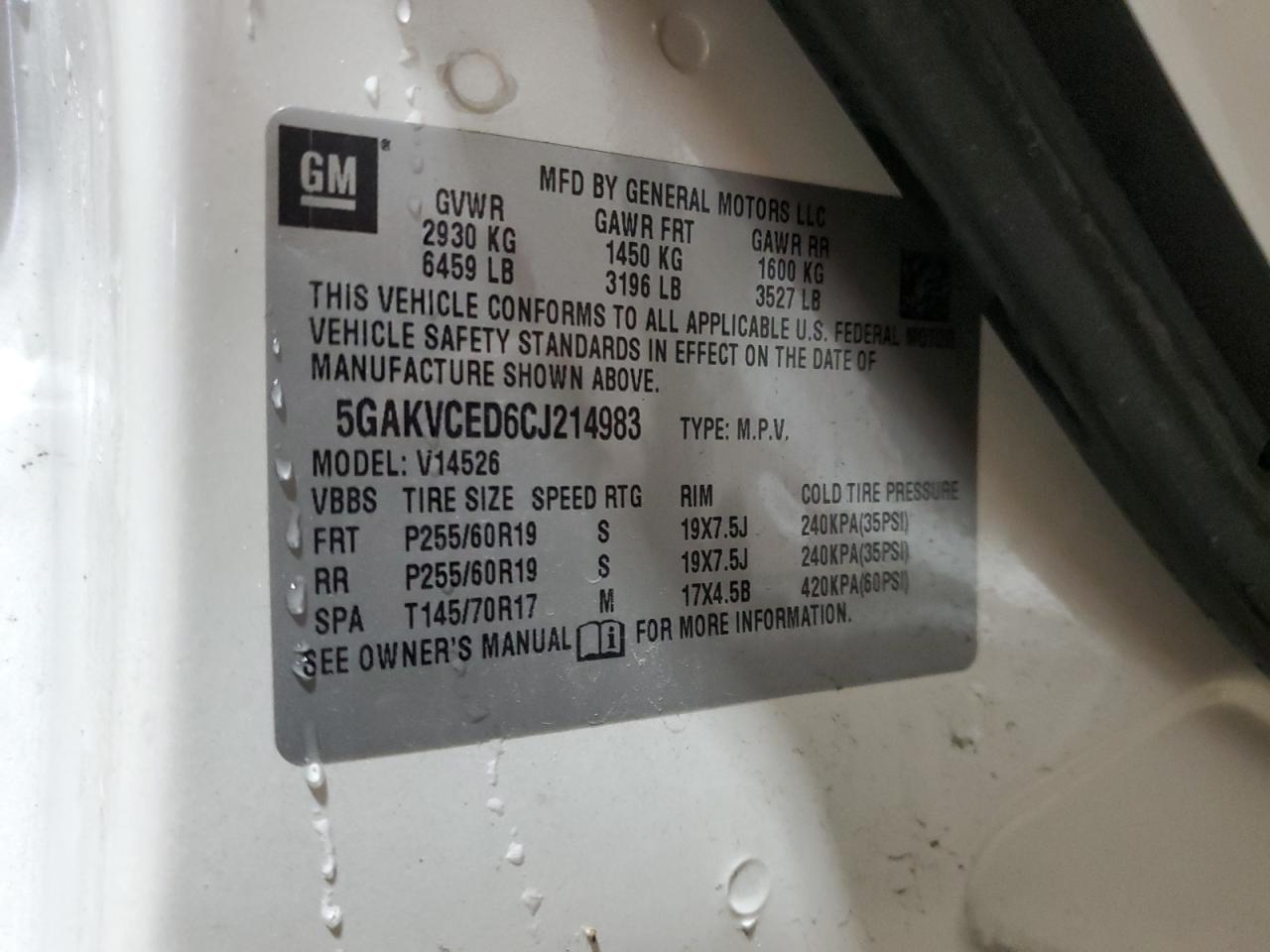 2012 Buick Enclave VIN: 5GAKVCED6CJ214983 Lot: 93458925