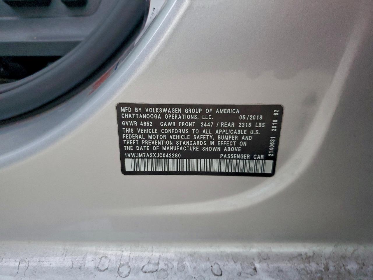 2018 Volkswagen Passat Gt VIN: 1VWJM7A3XJC042280 Lot: 92749725