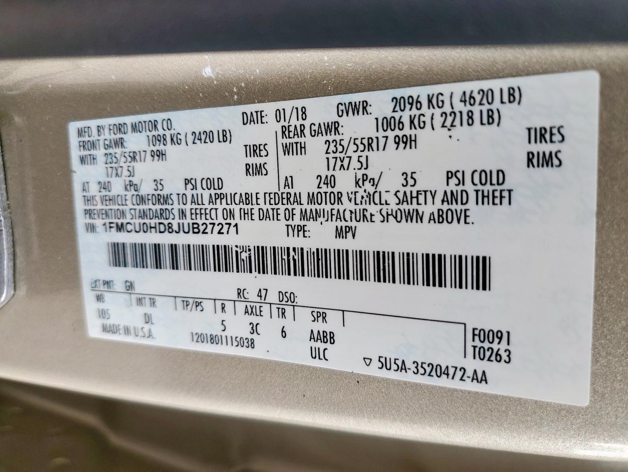 2018 Ford Escape Sel VIN: 1FMCU0HD8JUB27271 Lot: 92941635