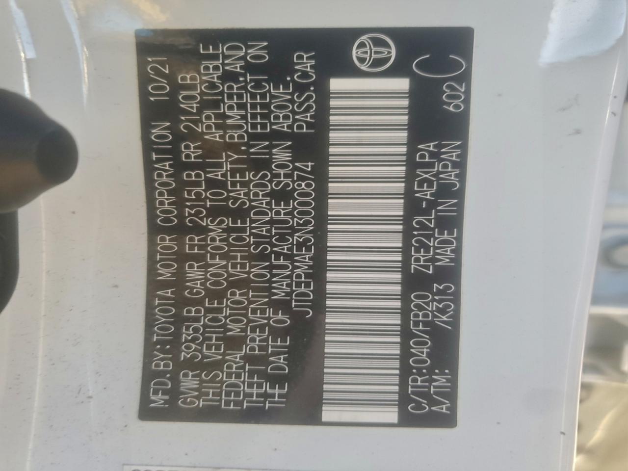 2022 Toyota Corolla Le VIN: JTDEPMAE3N3000874 Lot: 94726085