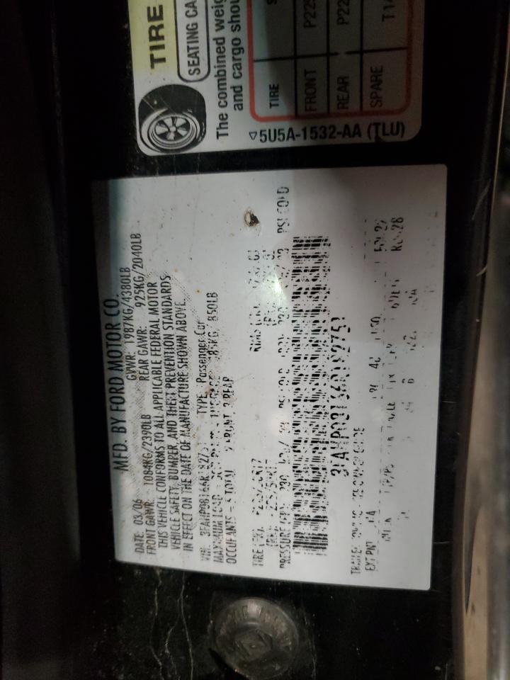 2006 Ford Fusion Sel VIN: 3FAHP08166R182751 Lot: 93221965