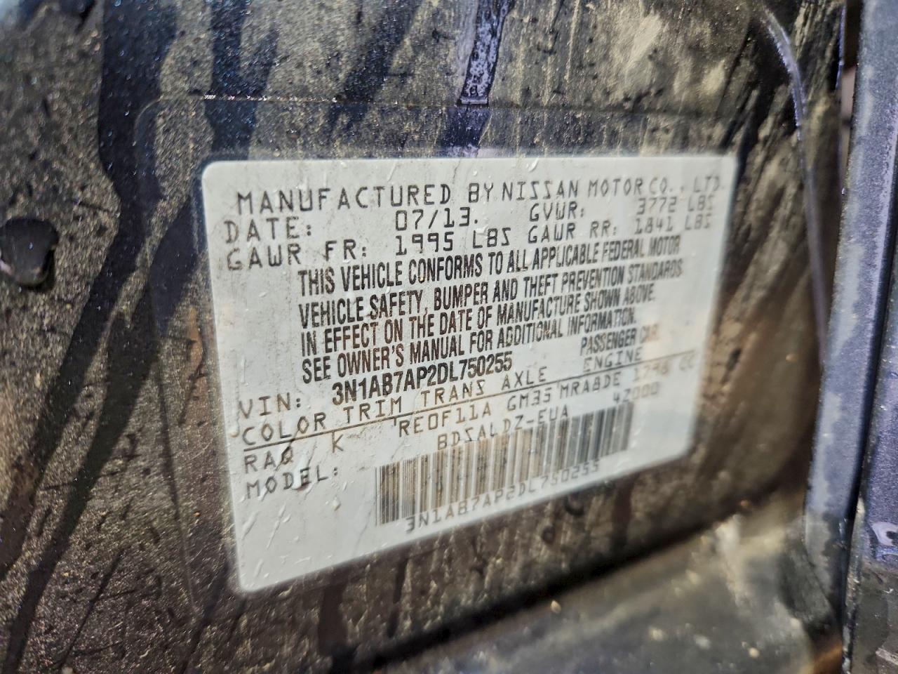 2013 Nissan Sentra S VIN: 3N1AB7AP2DL750255 Lot: 94127865