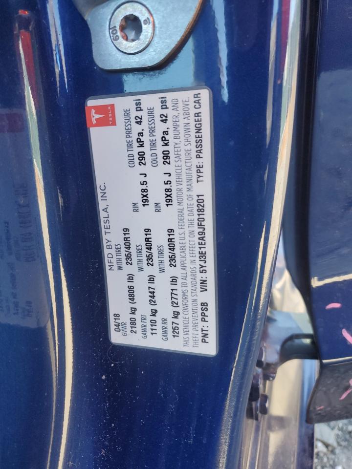 2018 Tesla Model 3 VIN: 5YJ3E1EA9JF018201 Lot: 91076925