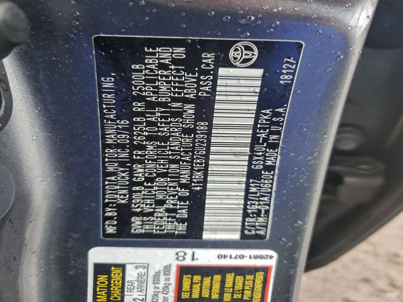 2016 Toyota Avalon Xle VIN: 4T1BK1EB7GU239188 Lot: 94299375