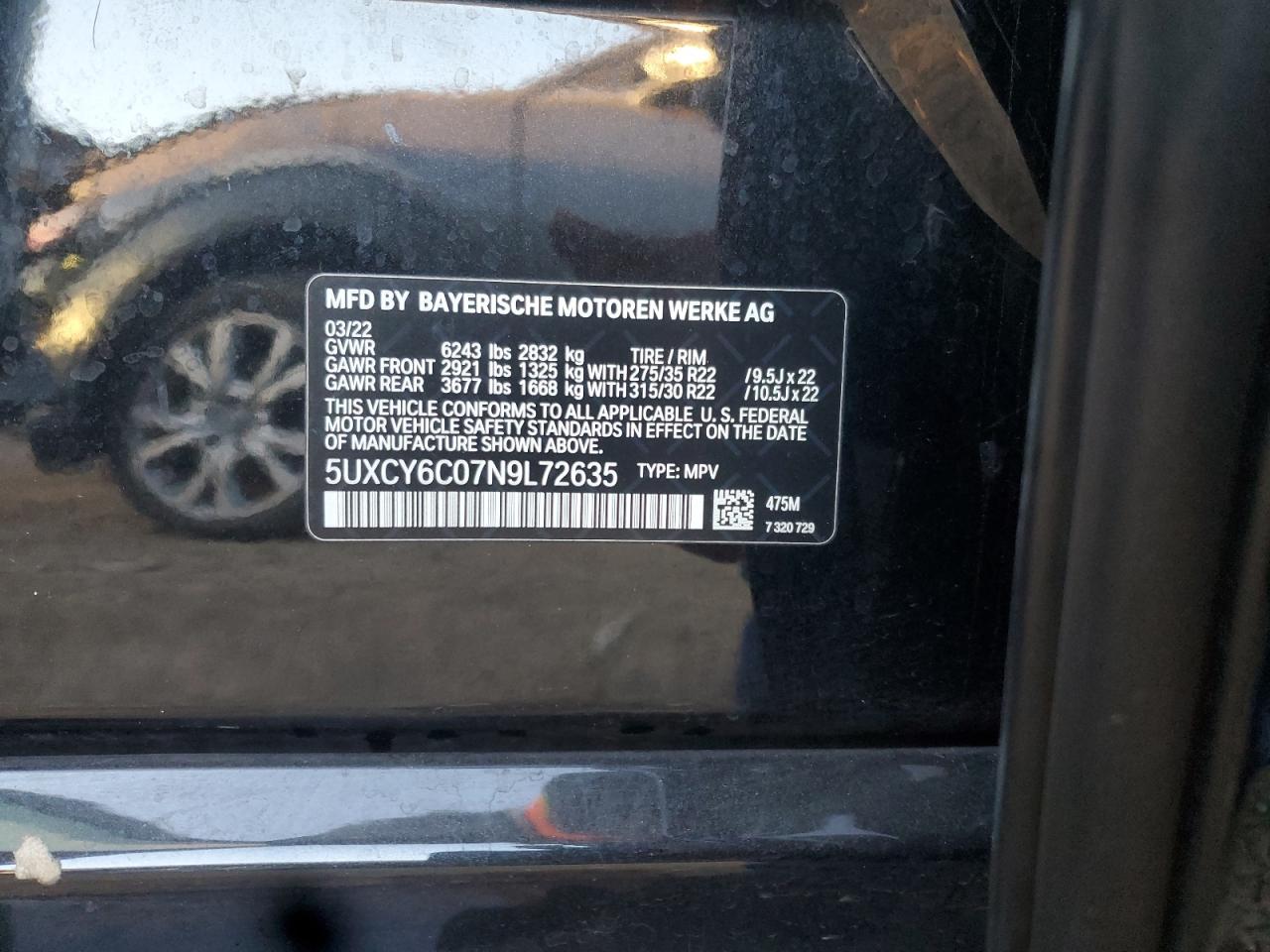 2022 BMW X6 xDrive40I VIN: 5UXCY6C07N9L72635 Lot: 92693915