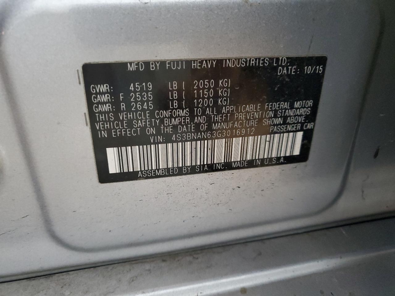 2016 Subaru Legacy 2.5I Limited VIN: 4S3BNAN63G3016912 Lot: 92936655