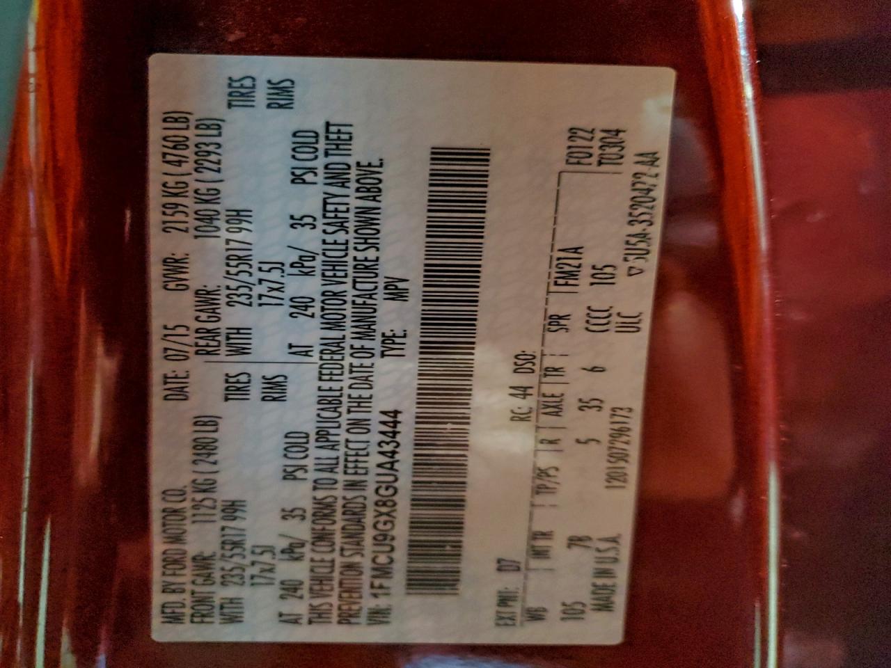 2016 Ford Escape Se VIN: 1FMCU9GX8GUA43444 Lot: 94274155