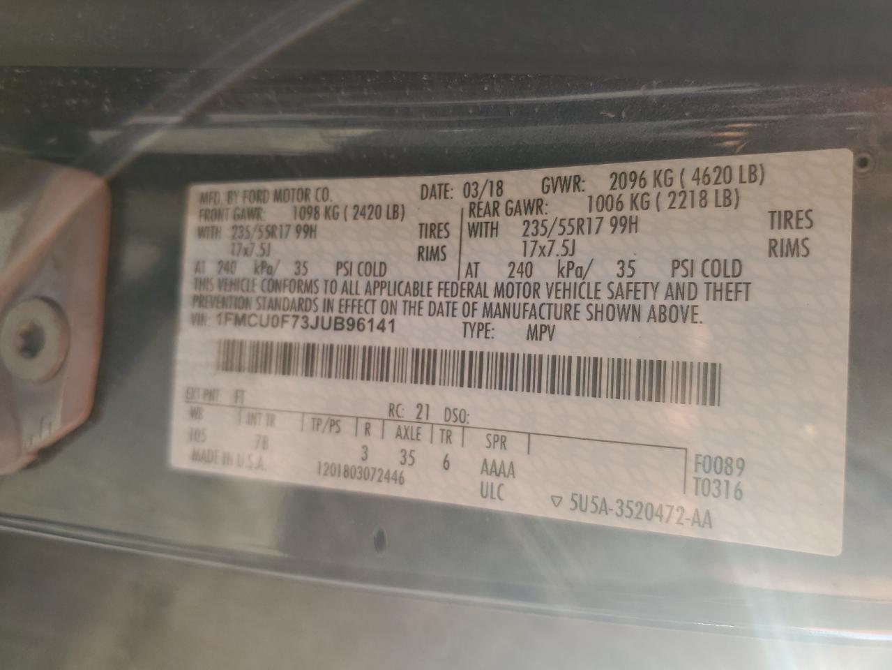 2018 Ford Escape S VIN: 1FMCU0F73JUB96141 Lot: 91072115