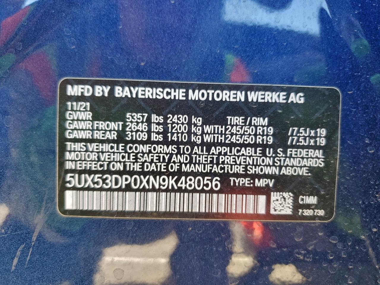 2022 BMW X3 xDrive30I VIN: 5UX53DP0XN9K48056 Lot: 94096685