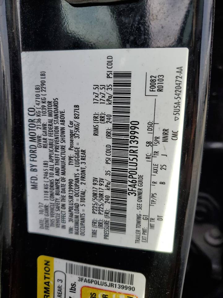 2018 Ford Fusion Se Hybrid VIN: 3FA6P0LU5JR139990 Lot: 92261595